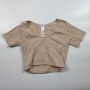 Aster Crop Top Womens Medium Beige Seamless Ribbed Knit Short Sleeve Scoop Neck
